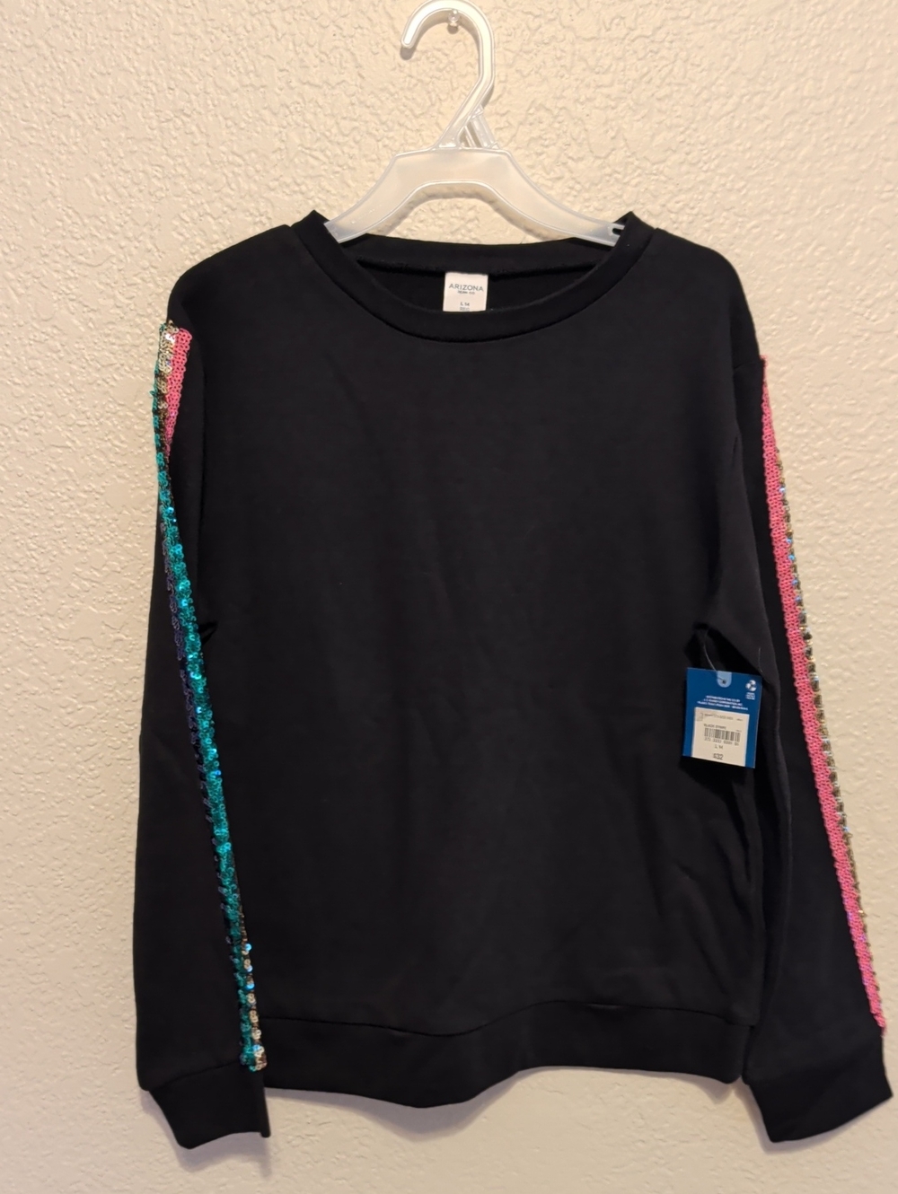 Arizona Jean Company Black Crewneck Sweater with Pink & Teal Sequin Stripes